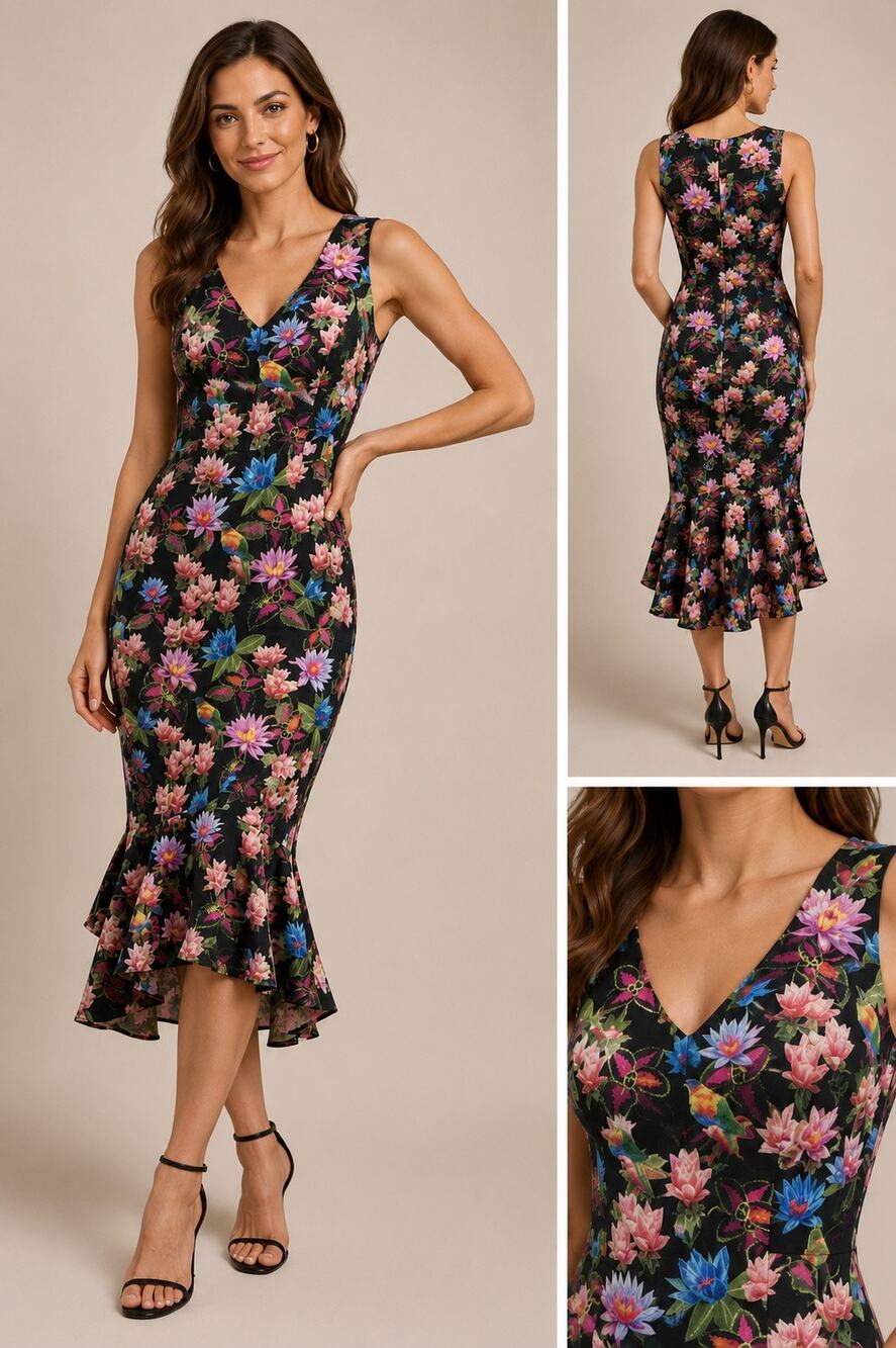 Nicole Miller Artelier Floral Mermaid Midi Dress Black Sleeveless Size 0
